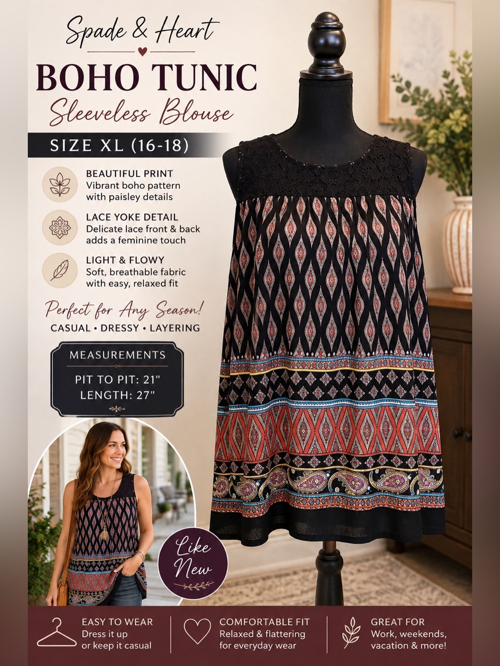 Spade & Heart XL Boho Paisley Lace Sleeveless Tunic Blouse